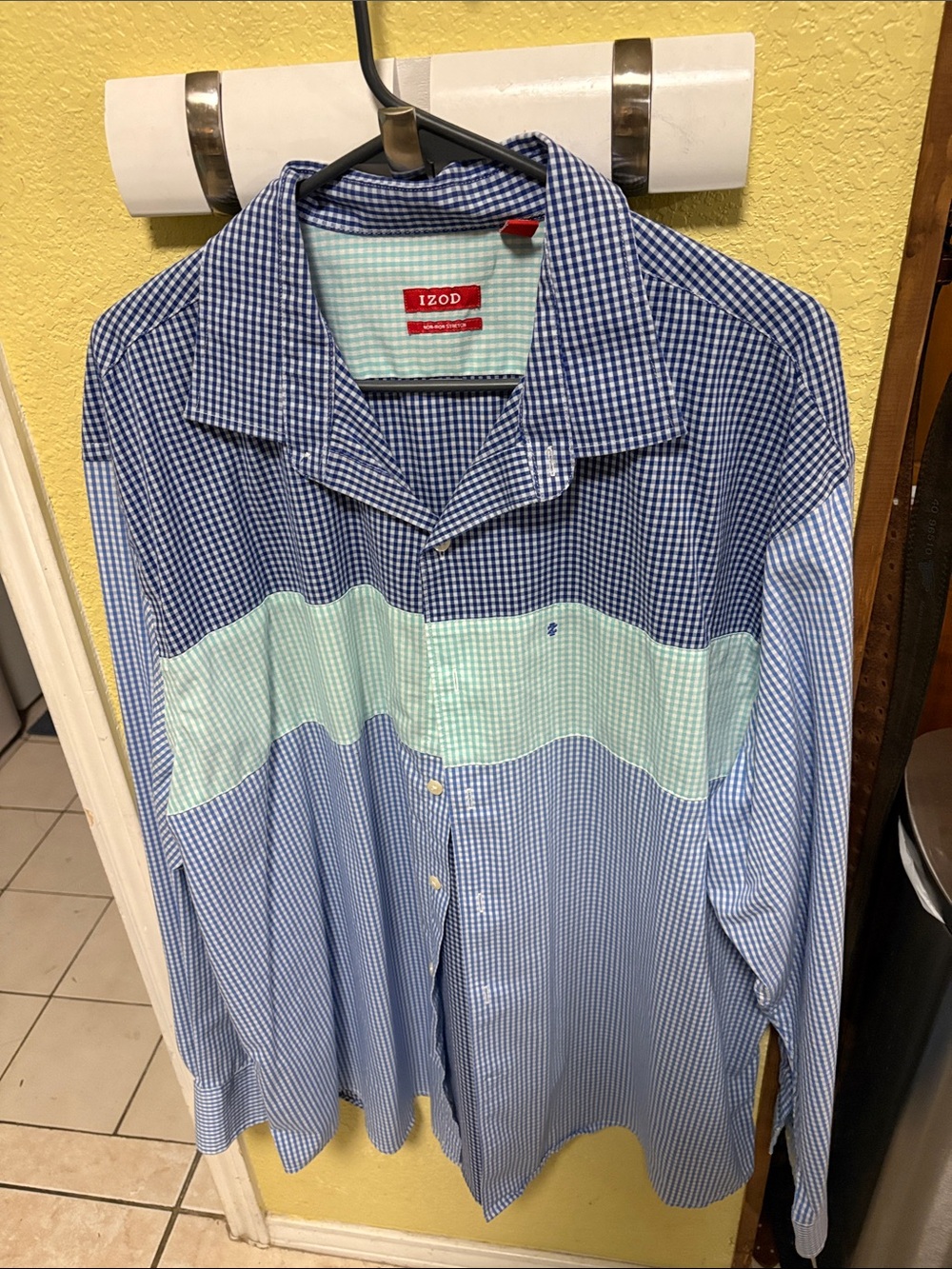 Izod Blue Gingham Button-Down Shirt with Mint Stripe